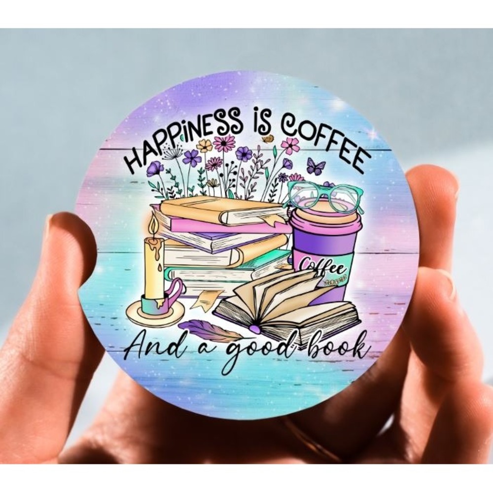Set‎ of 2 Car Coasters, Coffee And A Good Book Car Coaster, Neoprene Car Coaster